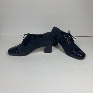 AJ Valenci Womens Navy Ankle Boot Size 6.5 Leather Suede And Patent Lace Bootie